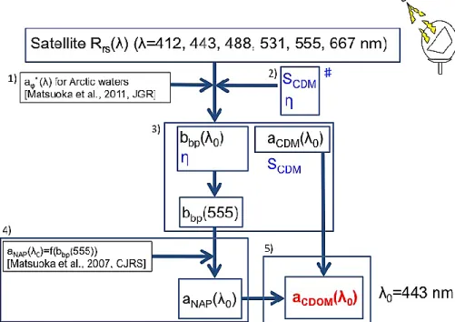 Fig. 2. A flow-chart of our semi-analytical algorithm for estimating CDOM absorption. A “#” represents parameters which can be set either to be constant or as a function of R rs (λ), depending on water class