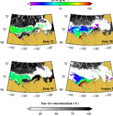 Figure 5. Typical SPM and sea-ice concentration (in grams per cu- cu-bic meter and percent, respectively) maps obtained over the study area for selected days in June, July and August 2004