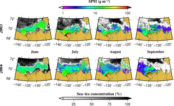 Figure 6. Monthly (June to September) composites of sea-ice and surface water SPM concentrations in 2003 and 2004.