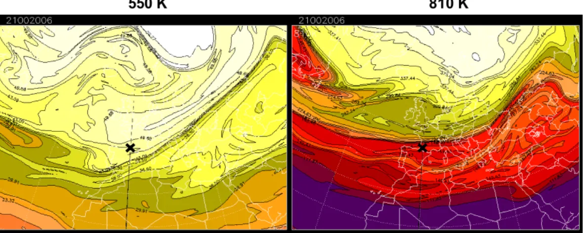 Fig. 2. Potential Vorticity (PV) isocontours calculated by the MIMOSA high-resolution advection model at 06:00 UT on 2 October 2002 at: (a) 550 K (about 22.5 km); and (b) 810 K (about 30 km)