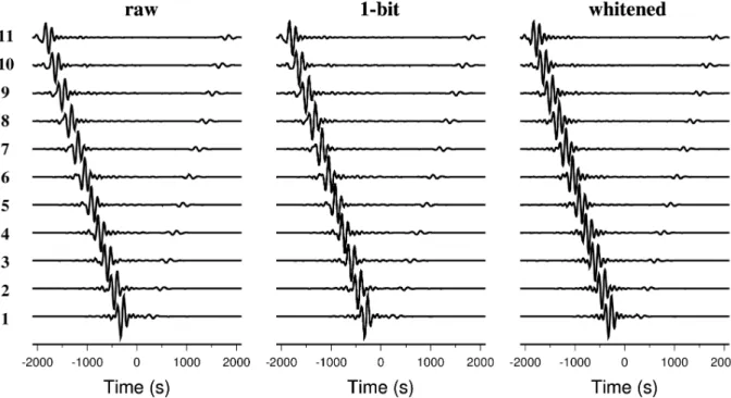 Figure 12. Cross-correlations between the vertical displacement recorded at 0 and the vertical displacement at n (numbers on the left) in the case of noise sources distributed in a small patch.