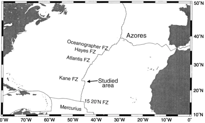 Figure 1. Location map of the studied  area. Plates  limits and main fracture  zones  are shown  on the map