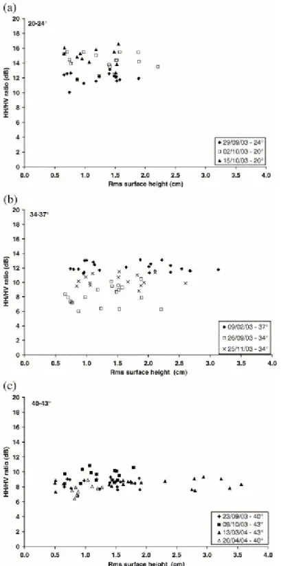 Fig. 3. Relationships between the depolarization ratio HH/HV and the rms surface height (a): 20°–24°, (b): 34°–