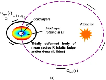 Fig. 1. Sketch of the problem studied in this work. With the mean ro- ro-tation rate of the fluid Ω, we define the dimensionless orbital rotation rate γ (t) and the dimensionless spin rotation rate 1 + ω (t) 