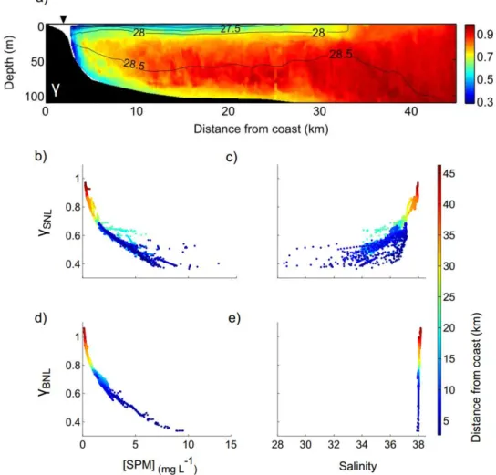 Figure  10:  a)  Section  of  the  mean  spectral  slope  measured  during  the  glider  deployment  (January 30 – February 12, 2014)