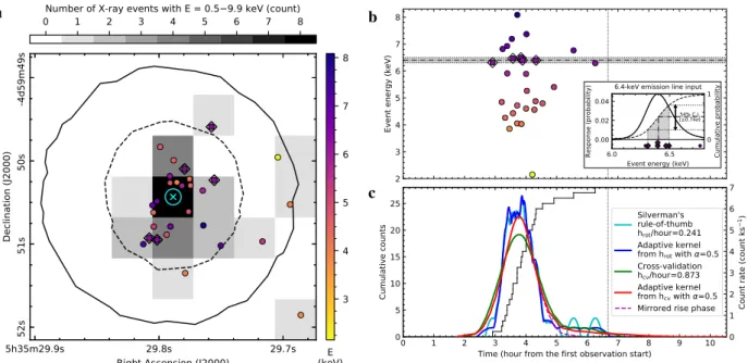 Fig. 2. X-ray flare of HOPS 383. Panel a: sky position of the X-ray events detected during the Chandra observation on 2017 December 13.