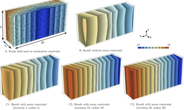 Figure 8: Application of the iterative gradient norm constraint to case study 2. (a) A scalar field is used as an orientation constraint as in Fig