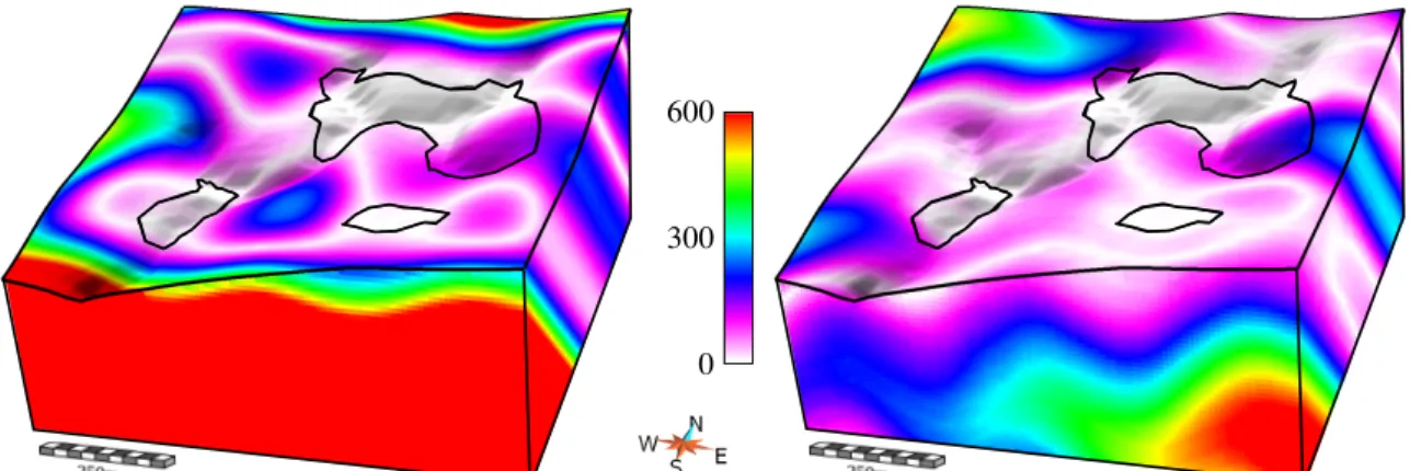 Figure 10 Comparison of the results with the reference model: Absolute difference of stratigraphic value obtained with classical interpolation (A) and the proposed fold interpolation process (B) with respect to the reference model; Angle (degrees) between 