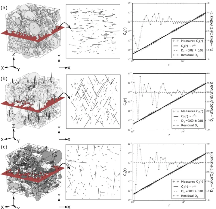Figure 3 3D and 2D views of DFNs obtained with the Poisson point process for (a) a single fracture set DFN; (b) a two fracture set DFN and;