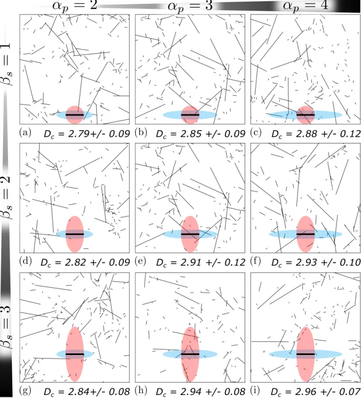Figure 7 Sensitivity study on the fracture geomechanical model geometry factors. Several models (a), (b), (c), (d), (e), (f), (g), (h) and (i) have been tested and associated to their average correlation dimension