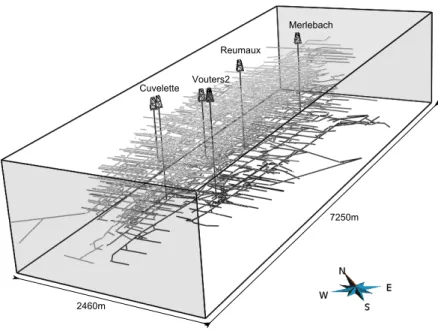 Figure 8: 3D view of the complete infrastructure network determined from the processing of the 22 mining level maps, 33 cross-sections, 16 mineshaft records, and the 3D view around Vouters 2