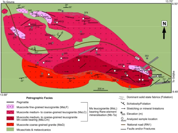 Figure 3. Geological map of the Mayo Salah pluton (MSP), showing the investigated rare-metal granite  and the location of analyzed samples