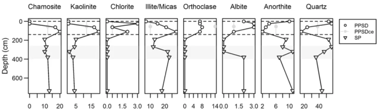 Fig. 2. Depth-dependent patterns of mineralogical composition from XRD analyses expressed in relative abundances (PPSDce: PPSD coarse elements; dashed lines: lithic discontinuities;