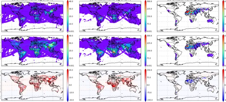 Figure 2. Global distribution of emissions for 2010 for BC (left column), OC (middle column) and DD (right column) based on (a) a priori, (b) a posteriori emission datasets, and the differences between a posteriori and a priori emissions (c).