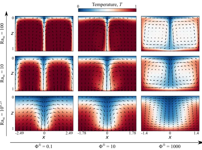 Figure 7. Convection patterns obtained with only a phase change only at the bottom boundary