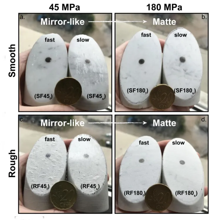 Figure 5. Macroscopic pictures of the footwall of the fault after experiments. A transition  from  mirror-like  (SF45 f ,  SF45 s ,  RF45 f ,  RF45 s )  to  matte  surfaces  (SF180 f ,  SF180 s ,  RF180 f ,  RF180 s ) seems systematic after experiments wit