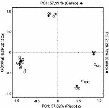 Fig. 4. Projection of the proxy variables on the factor-plane PC1 (quartz, feldspar and clays  vs