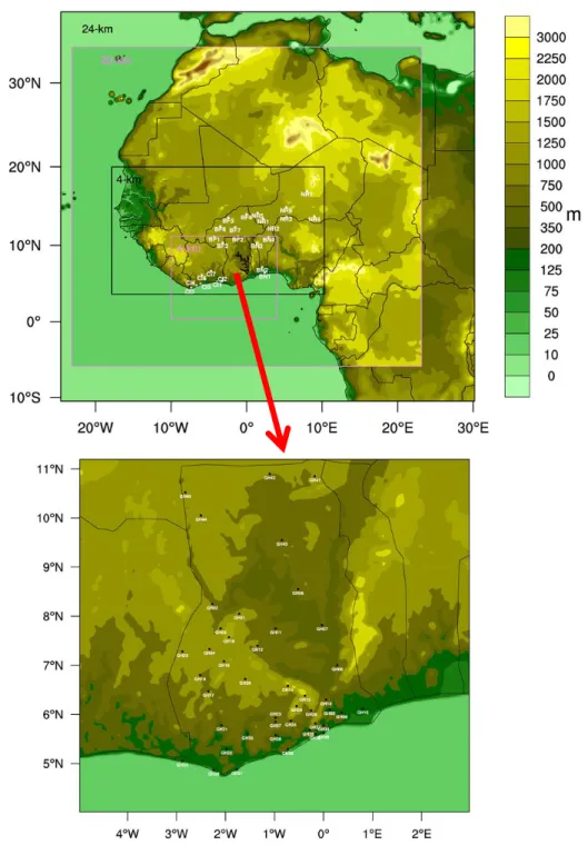 Fig.  1  Top:  WRF  model  domain  and  elevation  (m);  parent  domain  at  24  km  horizontal  resolution  (25°W–30°E,10°S–40°N)