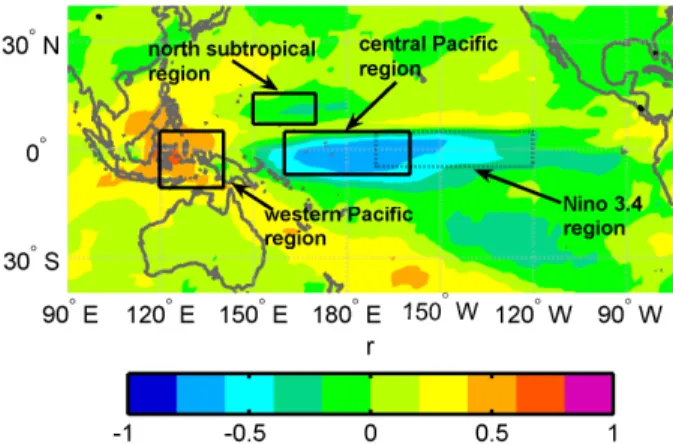 Fig. 5. Geographical distribution of correlation coe ffi cient between DSR-A and the Ni ˜no-3.4 index.