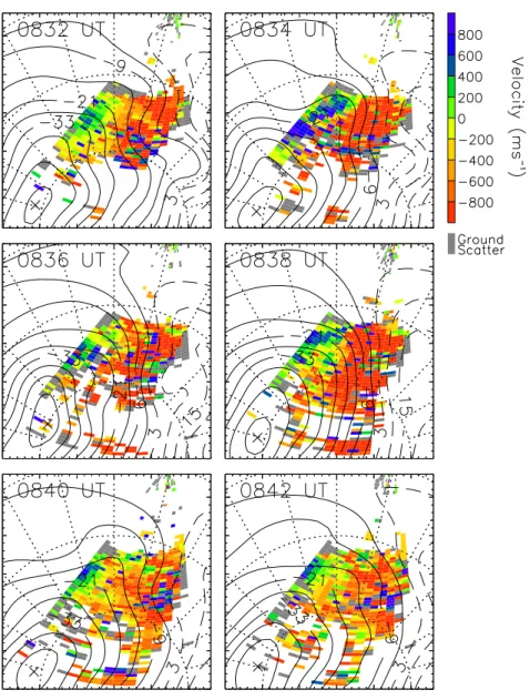 Fig. 8. Cutlass spatial plot of line of sight velocities from all 14 beams for the interval 08:32–08:42 UT