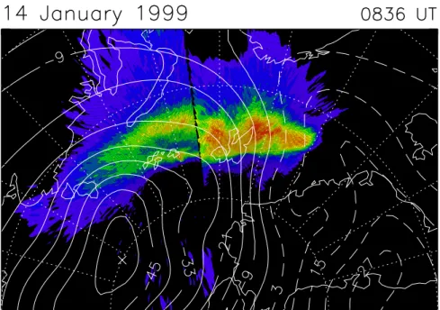 Fig. 10. SuperDARN streamline plot with the 630.0 nm aurora superimposed for 08:36 UT