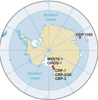 Fig. 1. Map of the Antarctic continent including the locations of the Cape Roberts project drill sites and the preceeding MSSTS-1 and CIROS-1 drillings