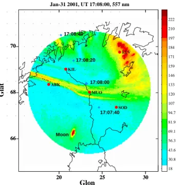 Fig. 1. A DMSP satellite pass over MUO ASC and an auroral arc on 31 January 2001 at 17:08:00 UT
