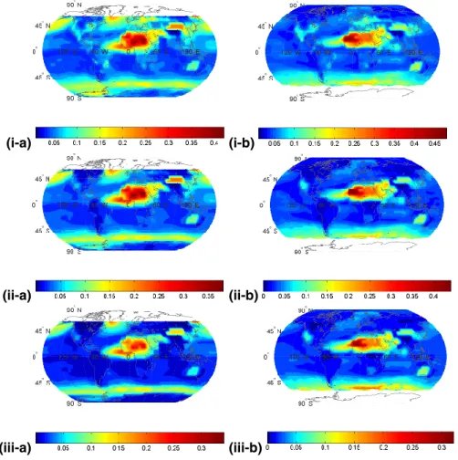 Fig. 1. Global distribution of aerosol optical thickness at (i) 0.9 µm, (ii) 1.75 µm, and (iii) 3.5 µm, for (a) January and (b) July.