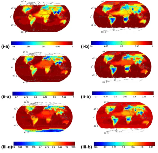 Fig. 2. Global distribution of aerosol single scattering albedo at (i) 0.9 µm, (ii) 1.75 µm, and (iii) 3.5 µm, for (a) January and (b) July.