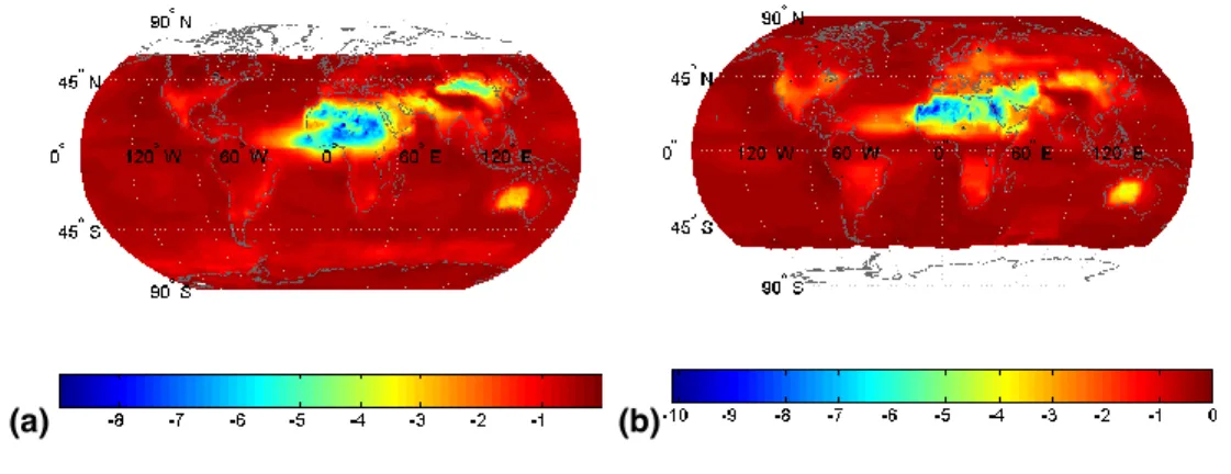 Fig. 6. Global distribution of the aerosol direct radiative effect (DRE) on the absorbed near-IR radiation by the Earth’s surface (aerosol DRE ∆ F surfnet , Wm −2 ), for (a) January and (b) July.