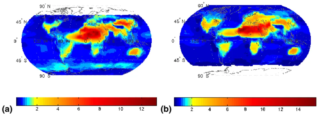 Fig. 7. Aerosol near-IR radiative e ff ect on atmospheric thermal dynamics ( ∆ F atmab − ∆ F surfnet , in Wm −2 ), for (a) January and (b) July.