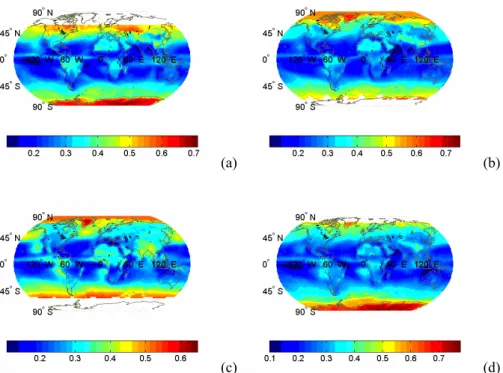 Figure 2. Long-term (1984-1997) average global distribution of planetary albedo (in %) at  the top-of-atmosphere for the mid-seasonal months of (a) January, (b) April, (c) July, and  (d) October