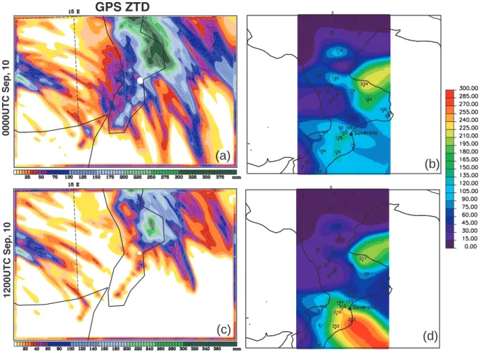 Fig. 6. 24 h accumulated precipitation for GPS ZTD Soverato case. The precipitation ends at 00:00 UTC, 10 Sep: (a) ZTD; (b) Observation.