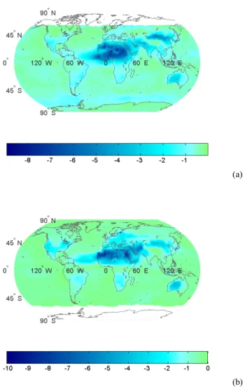 Fig. 6. Global distribution of the aerosol direct radiative effect (DRE) on the absorbed near-IR radiation by the Earth’s surface (aerosol DRE 1F surfnet , W m −2 ), for (a) January and (b) July.