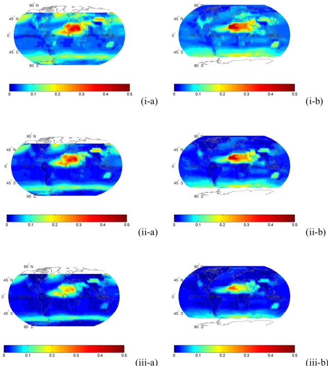 Fig. 1. Global distribution of aerosol optical thickness at (i) 0.9 µm, (ii) 1.75 µm, and (iii) 3.5 µm, for (a) January and (b) July.