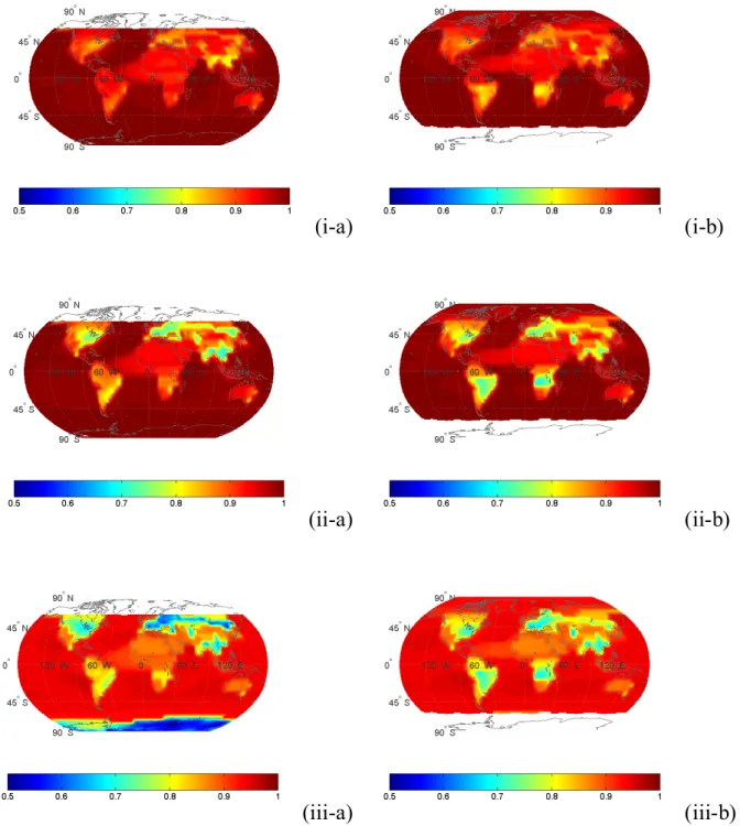 Fig. 2. Global distribution of aerosol single scattering albedo at (i) 0.9 µm, (ii) 1.75 µm, and (iii) 3.5 µm, for (a) January and (b) July.