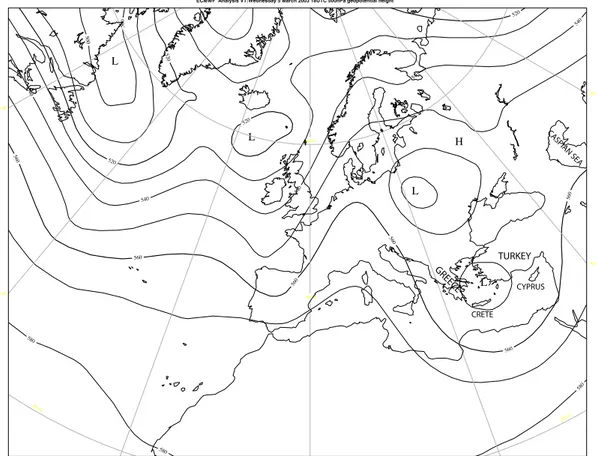 Fig. 2. 500 hPa geopotential at 18:00 UTC, 5 March 2003.