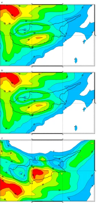 Fig. 6. Contours of modelled precipitation, for the three cases de- de-scribed in the text: (a) 9 grid points, (b) 13 grid points, (c) 17 grid points, shifted by an amount in according with column 3 of the  Ta-ble 1 (correlation criterion).