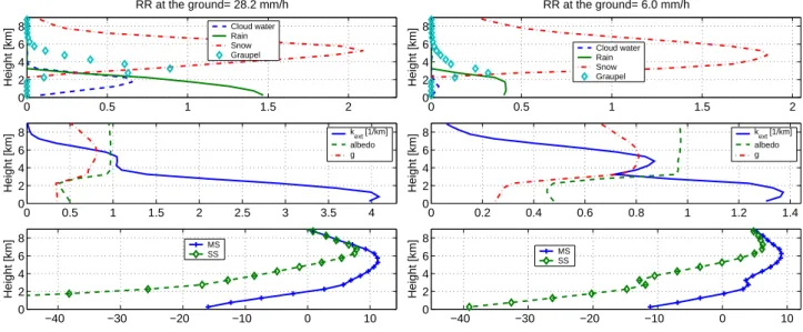 Fig. 5. Heavy and medium rain case extracted from the Cold Front simulation. Top panels: hydrometeor content in g/m 3 