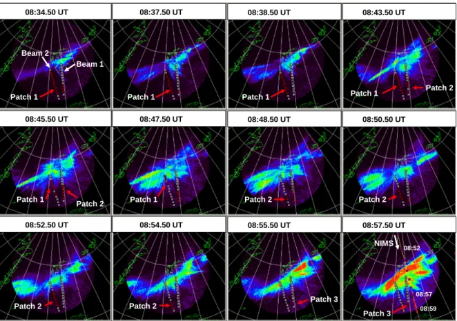 Fig. 3. A sequence of 630.0-nm images from the all-sky imager at Ny- ˚ Alesund. The raw images have been cut at 75 ◦ zenith angle and projected onto a geographic map assuming 250 km as the peak emission altitude for the 630.0-nm emission of atomic oxygen (