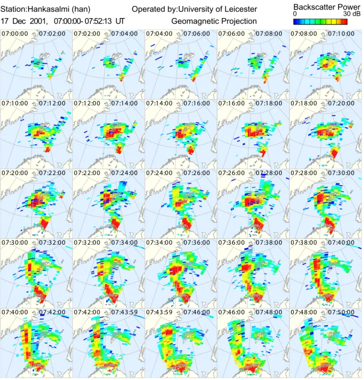 Fig. 5. Maps of HF backscatter power from the CUTLASS Finland radar from 07:00–07:50 UT