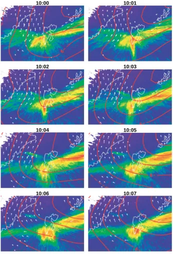 Fig. 8. Sequence of all-sky images of the 630-nm cusp aurora over- over-laid with the map-potential model output (red contours) and  mea-sured flow vectors (white arrows) from the SuperDARN radar  net-work.
