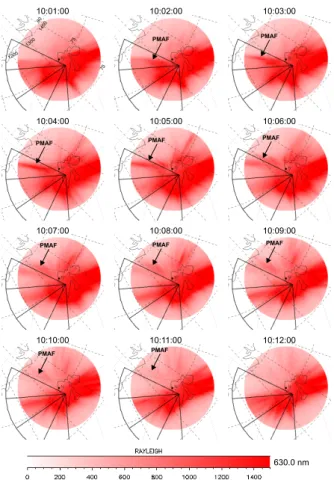 Fig. 5. Sequence of 557.7-nm (green line) all-sky images from the Ny- ˚ Alesund AFRL camera showing the motion of the PMAF