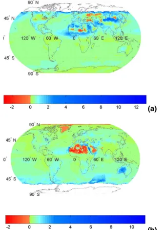 Fig. 2. Global distribution of change in planetary albedo ( ∆ R p , in %) due to the aerosol direct radiative e ff ect (DRE), for (a) January and (b) July.