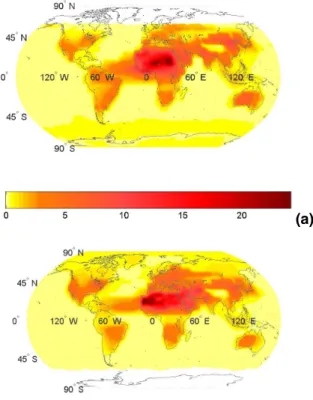 Fig. 3. Global distribution of the aerosol direct radiative effect (DRE) on the atmospheric ab- ab-sorption of shortwave radiation (aerosol DRE ∆F atmab , W m −2 ), for (a) January and (b) July.