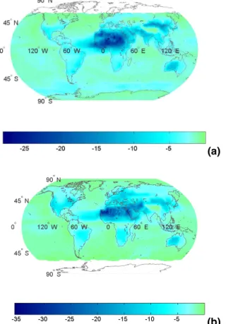 Fig. 4. Global distribution of the aerosol direct radiative effect (DRE) on the absorbed shortwave radiation by the Earth ′ s surface (aerosol DRE ∆F surfnet , W m − 2 ), for (a) January and (b) July.