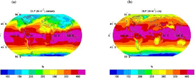 Fig. 5. (a) Geographical distribution of model downwelling longwave flux, DLF, at the surface for January, averaged over 1984–1993, for case-i; (b) Same as Fig