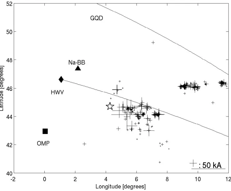 Fig. 1. Locations of CG discharges (crosses) observed within a ± 5 min interval around the elve occurrences during the night of 23–24 July 2003