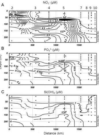 Fig.  11:  Vertical distribution of (A) nitrate (NO 3- ), (B) phosphate (PO 4 3- ) and (C) Silicate Si(OH) 4 ) down to 200  m across the western Mediterranean Sea and the western part of the Ionian basin