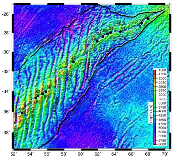 Figure 1. Bathymetric map of the eastern portion of the Southwest Indian Ridge, showing the location of peridotite- peridotite-bearing dredges from the EDUL cruise